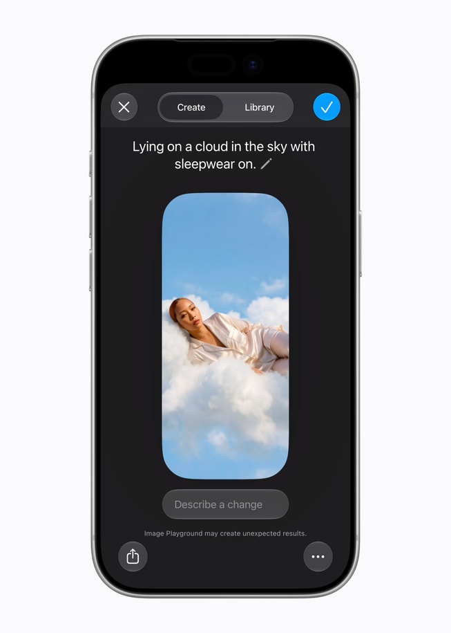 A user employs Image Playground, prompting it with “Lying on a cloud in the sky with sleepwear on.”