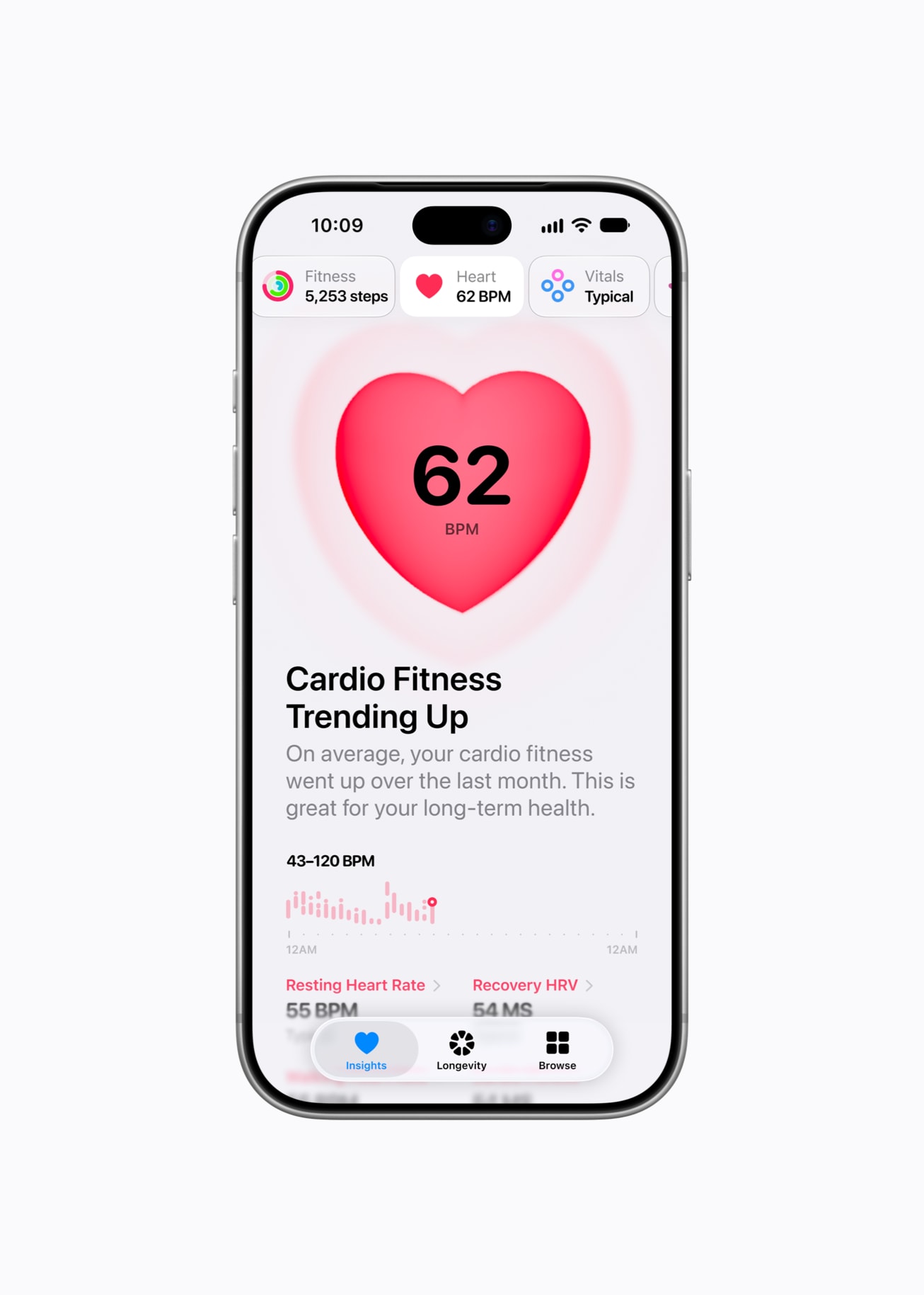 In the Health app on iPhone 18 Pro, a user’s screen reads “Cardio Fitness Trending Up.”