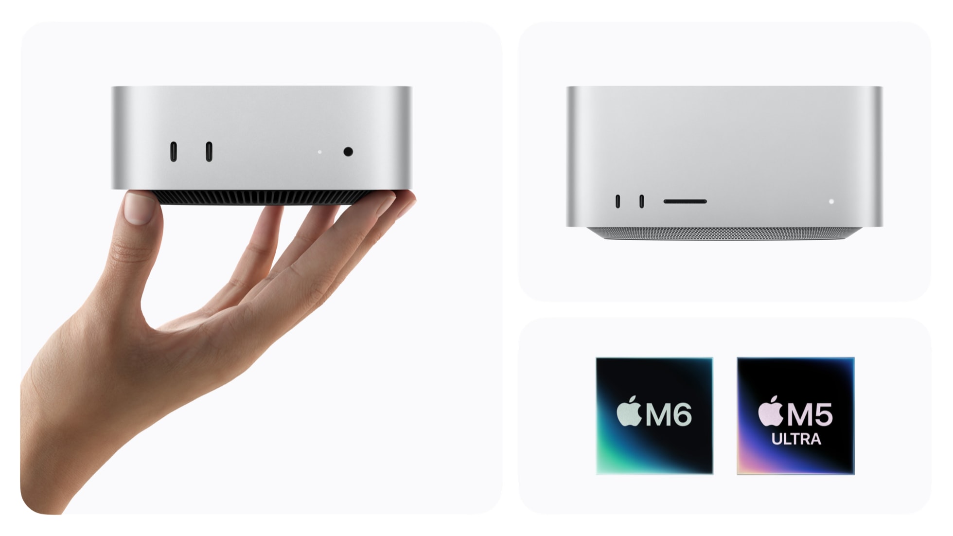 A cluster of images includes one of a person’s hand holding up a Mac mini, another showing Mac Studio, and a third displaying the logos for M6 and M5 Ultra.