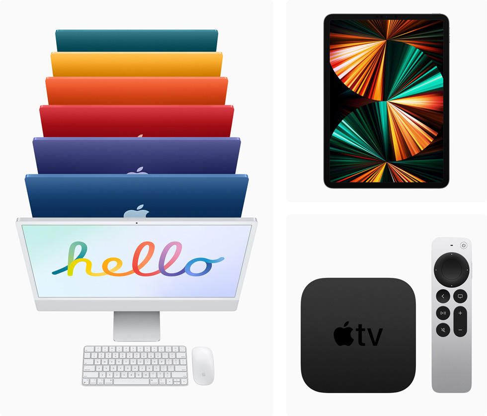 The all-new iMac models in seven colors, iPad Pro, and Apple TV 4K with Siri Remote.