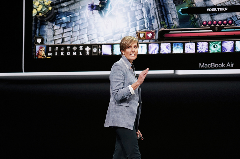 Laura Legros on stage presenting the new MacBook Air.