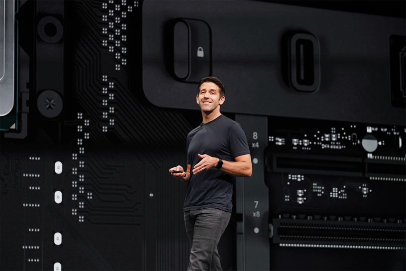 John Ternus on stage at WWDC 2019.