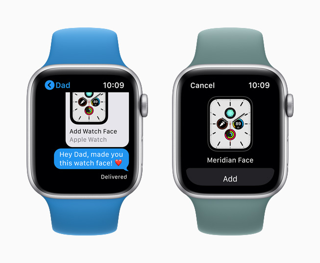 The Meridian watch face side by side with a shared face in Messages displayed on Apple Watch Series 5.
