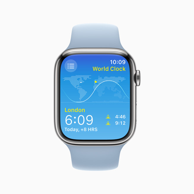 Apple Watch Series 8 shows the World clock app.