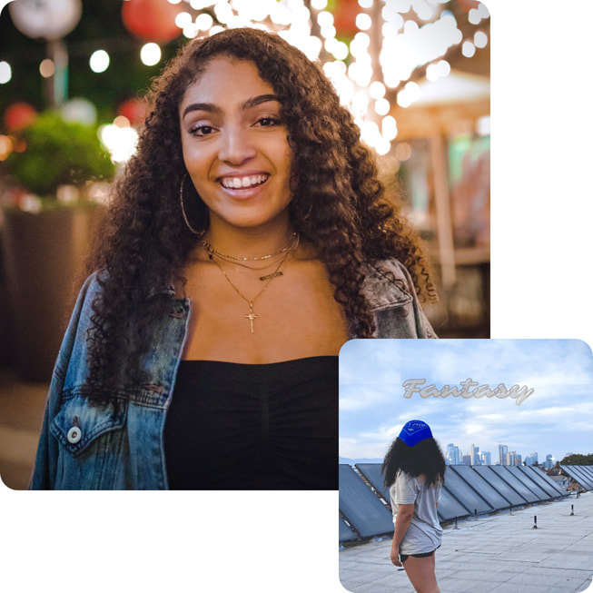 A portrait of Hannah Abrahim and the cover art for her song titled “Fantasy.”