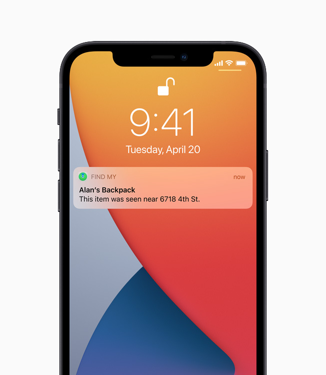 A notification from the Find My app alerts the whereabouts of a lost backpack, displayed on iPhone 12.