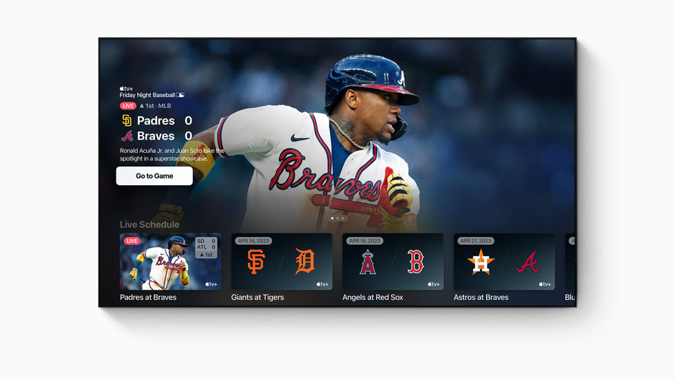 Apple and Major League Baseball’s “Friday Night Baseball” logo is shown.