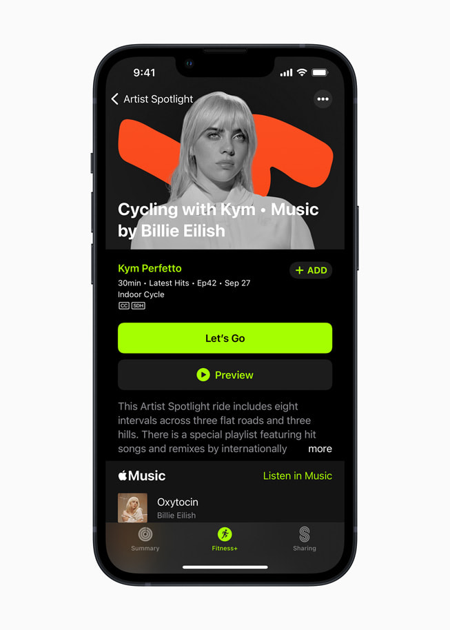 Apple Fitness+ Künstler:innen im Spotlight mit Musik von Billie Eilish auf einem iPhone 13 Pro.
