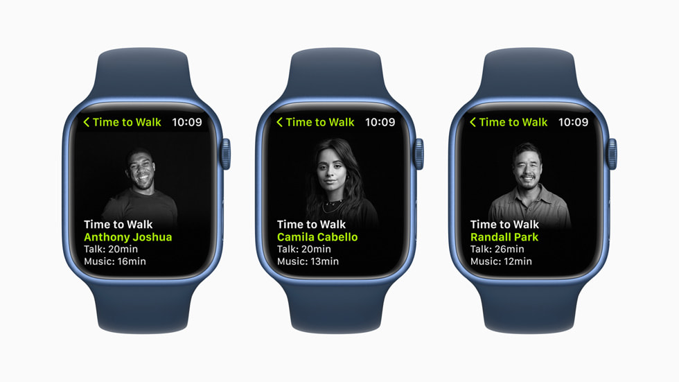 Zeit fürs Gehen-Folgen mit Anthony Joshua, Camila Cabello und Randall Park auf drei Apple Watch Series 7 Uhren.
