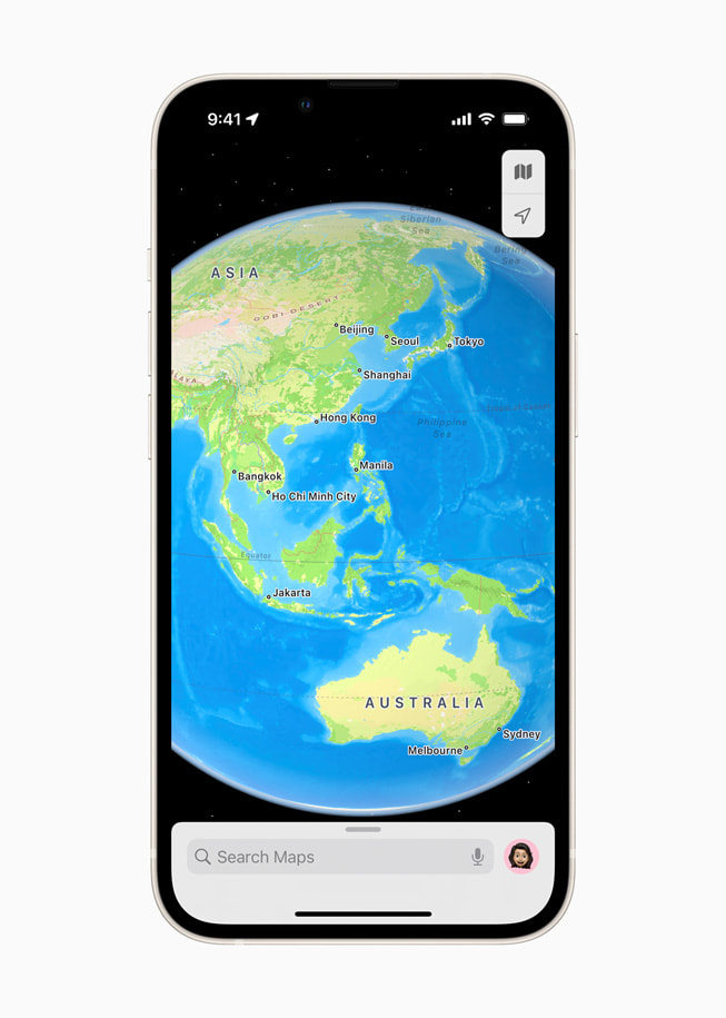 A new interactive globe in Apple Maps in iOS 15 shows Asia and Australia.