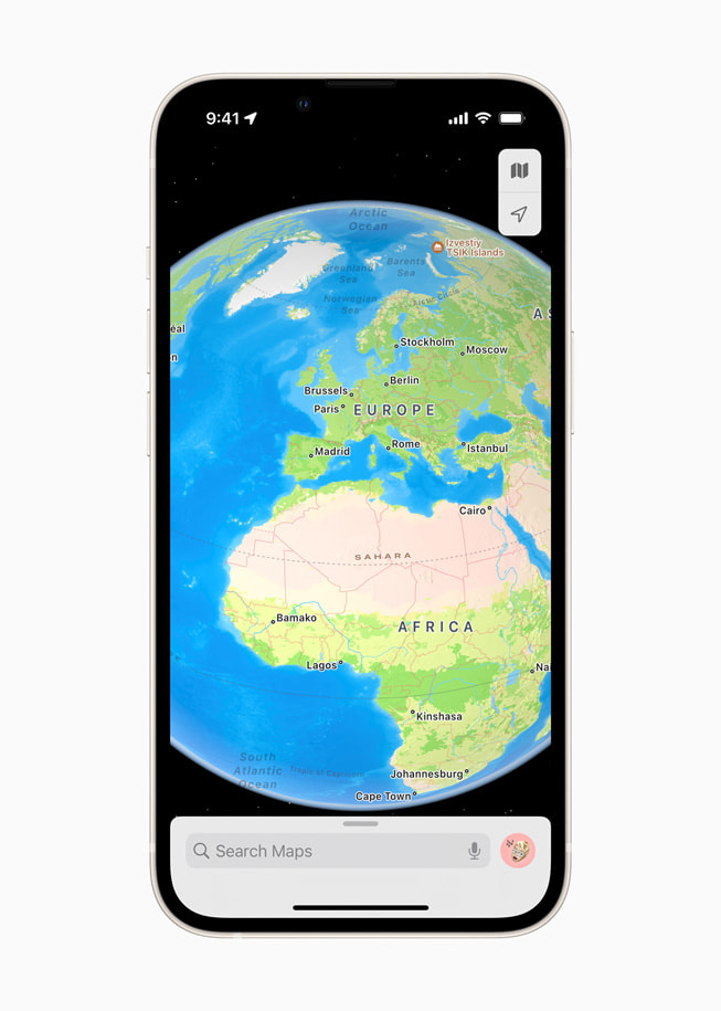 A new interactive globe in Apple Maps in iOS 15 shows Europe and Africa.