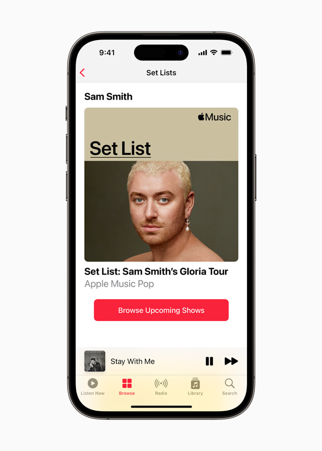 Sam Smith Set List on Apple Music displayed on iPhone 14 Pro. 