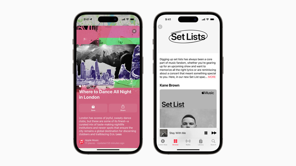 Apple Music Guides and Set Lists displayed on two iPhone 14 Pro devices.