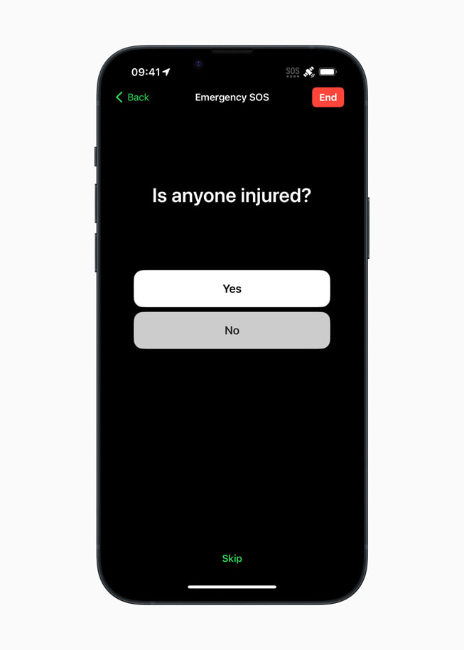 “Is anyone injured?” short questionnaire prompt on iPhone 14 Plus.
