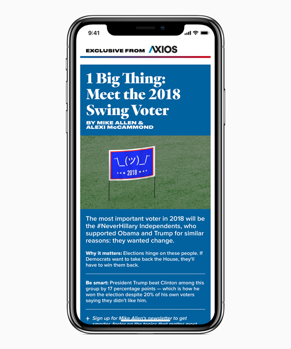 iPhone X showing exclusive feature from Axios in Apple News.