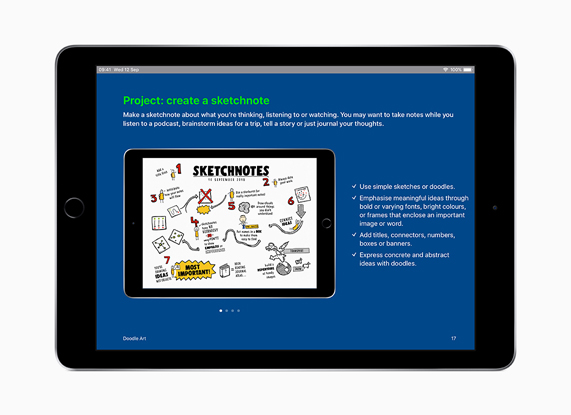 iPad avec La créativité pour tous affiché en anglais à l'écran.