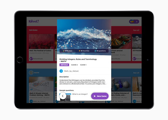 iPad showing details for a math game in the Kahoot! app.