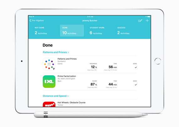 iPad displaying individual student progress updates in the Schoolwork app