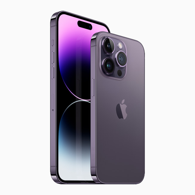 Imagen que muestra el iPhone 14 Pro y el iPhone 14 Pro Max en su nuevo acabado morado oscuro.