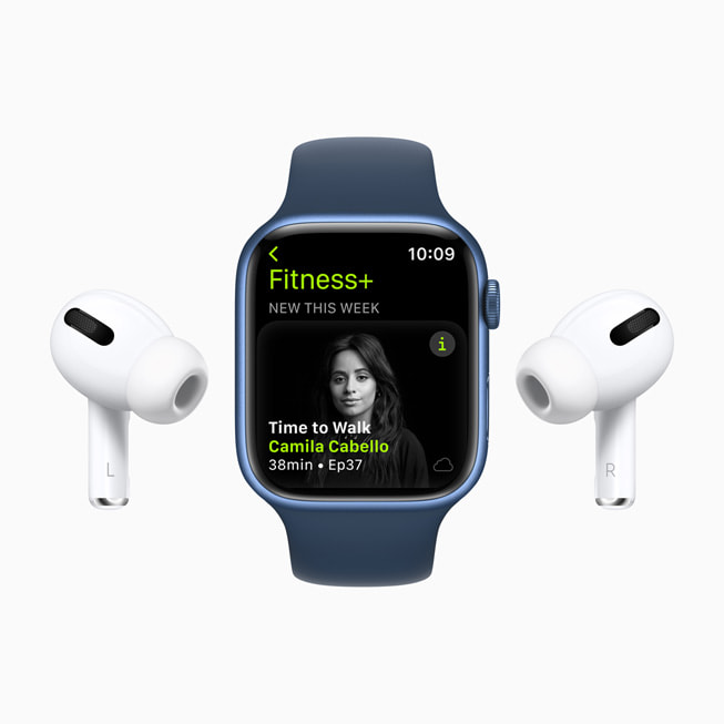 Apple Watch Series 7 displays a Time to Walk episode in Fitness+ with Camila Cabello.
