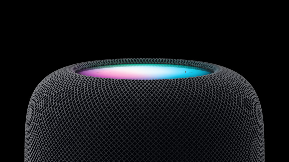 Two HomePod (2nd generation) devices are shown on a black background.