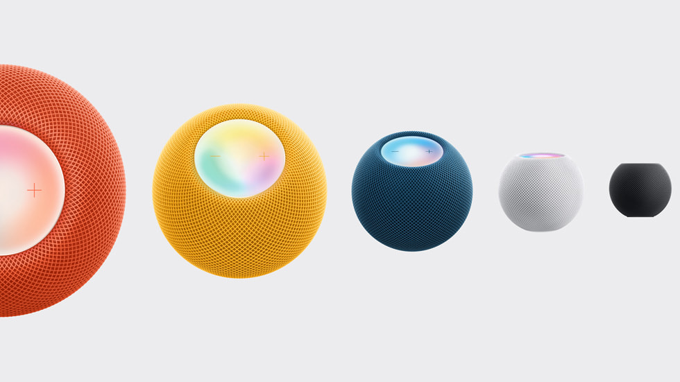 Le HomePod mini en orange, jaune, bleu, blanc et gris sidéral.