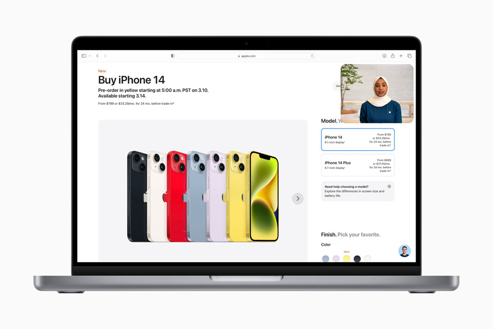The Shop with a Specialist over Video experience is shown over an [apple.com] (https://new-cm-edgedigital-eca.pages.dev) page reading “Compare iPhone models” and showing iPhone 14 Pro Max, iPhone 14 Plus, and iPhone 14.