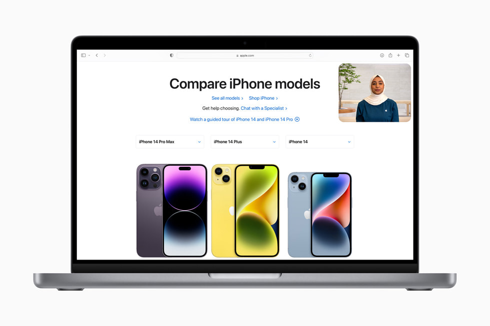The Shop with a Specialist over Video experience is shown over an [apple.com] (https://new-cm-edgedigital-eca.pages.dev) page reading “Compare iPhone models” and showing iPhone 14 Pro Max, iPhone 14 Plus, and iPhone 14.