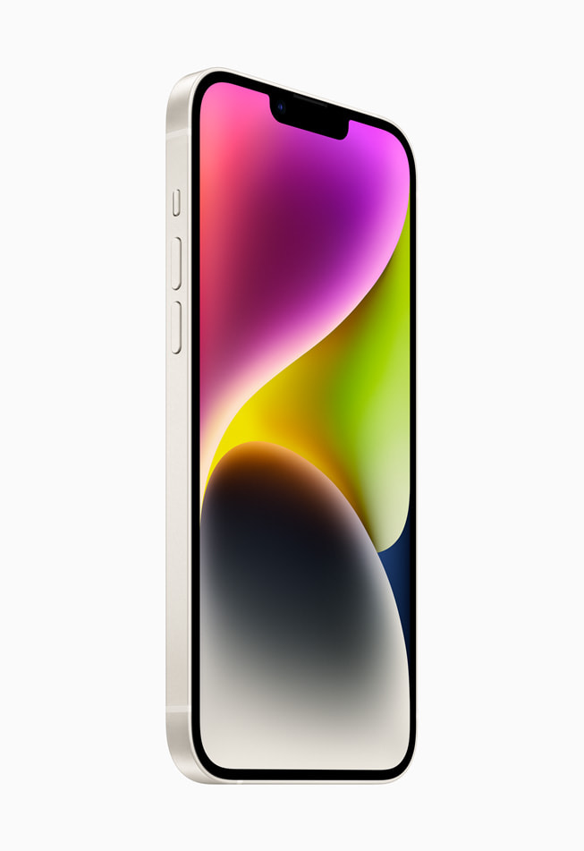 iPhone 14 Plus is shown in starlight.