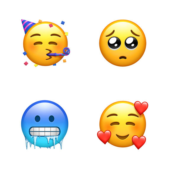 Four emoji clockwise from top left: party face, pleading face, face with hearts and cold face.