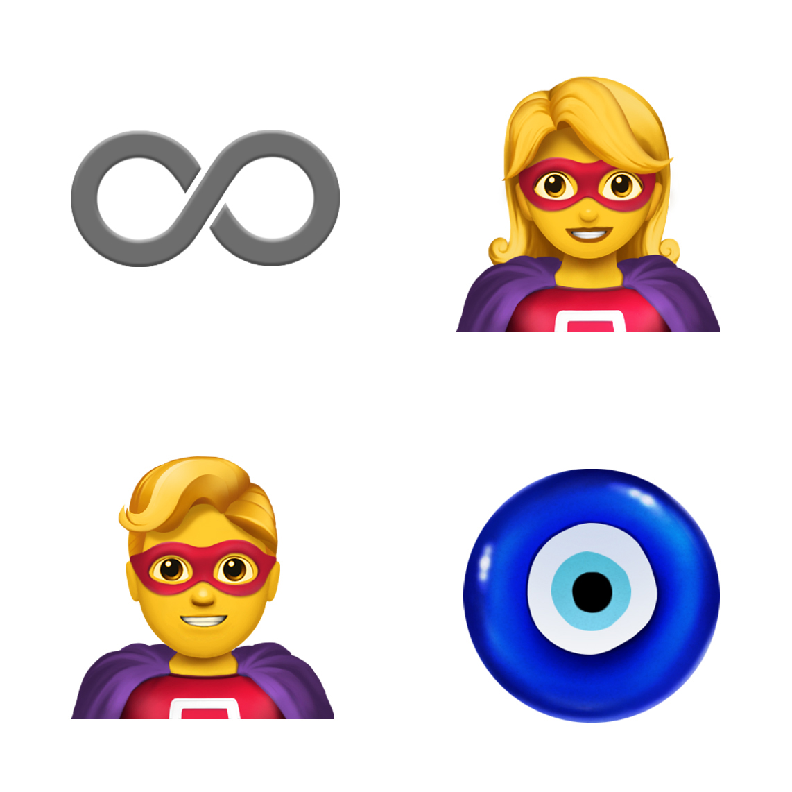 Four emoji clockwise from top left: infinity sign, female superhero, nazar amulet and male superhero.