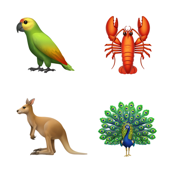 Four animal emoji clockwise from top left: parrot, lobster, peacock and kangaroo.