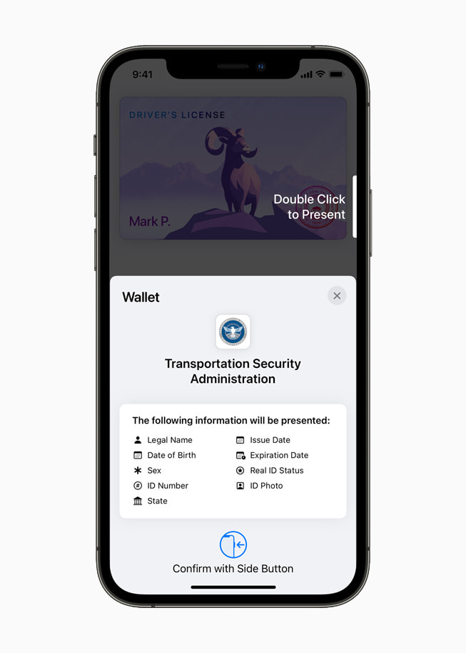 TSA authorization prompt in the Wallet app on iPhone 12 Pro.
