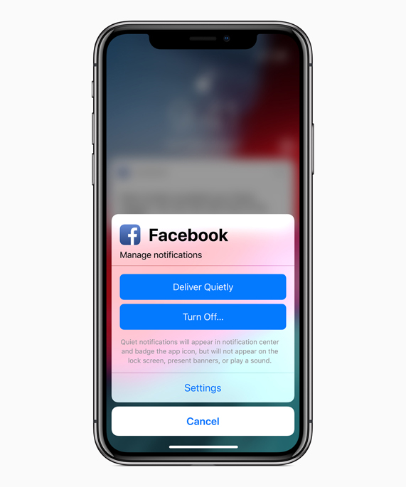 iPhone X screen showing Facebook manage notifications options.