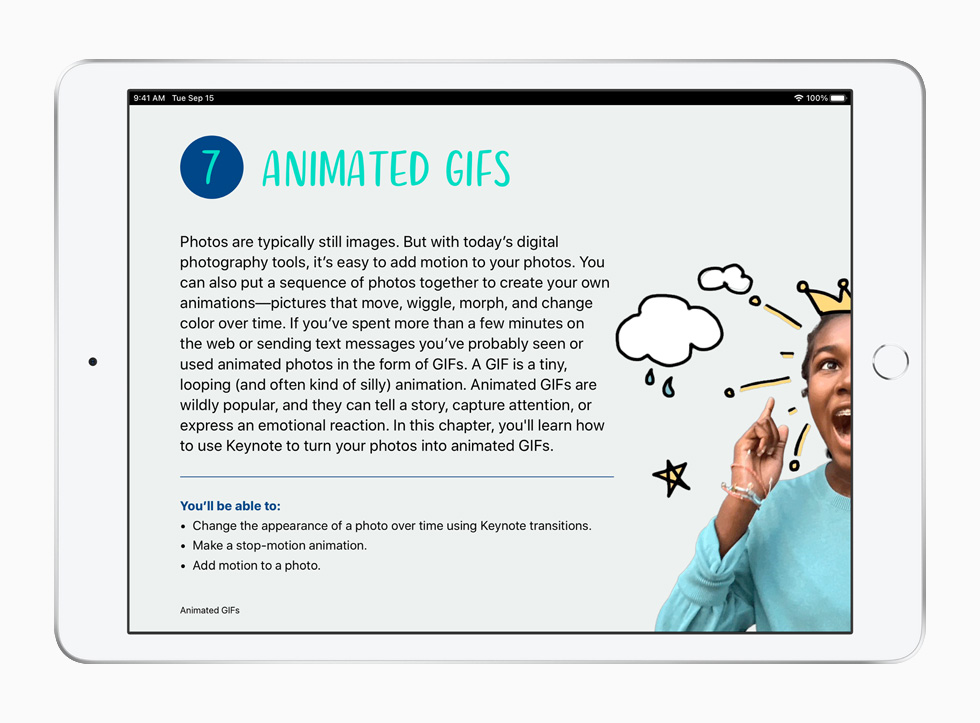 An animated GIFs lesson from the Everyone Can Create curriculum, displayed on iPad.
