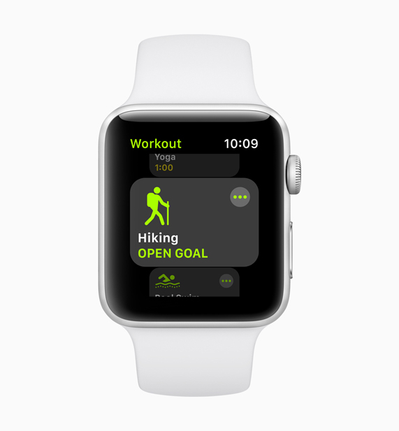 New hiking workout screen displayed on white Apple Watch