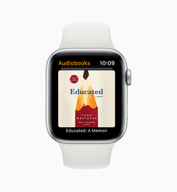 White Apple Watch with audiobooks app.