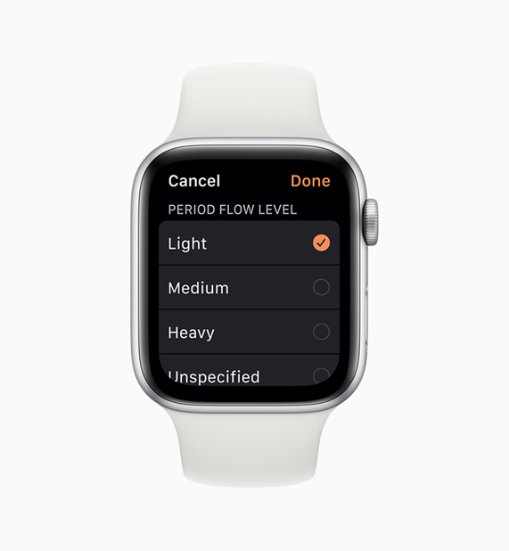 Cycle Tracking app on Apple Watch showing period flow menu.
