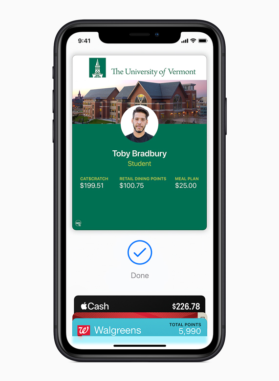 iPhone displaying a University of Vermont student ID in Apple Wallet.