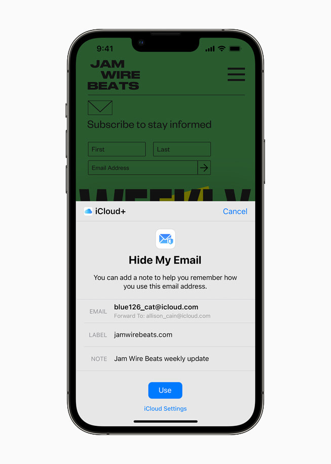 Die Funktion „Meine E-Mails verbergen“ in iCloud+ auf einem iPhone 13 Pro.
