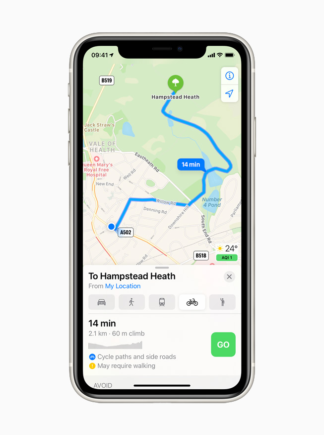 Cycling directions in Apple Maps displayed on iPhone 11 Pro.