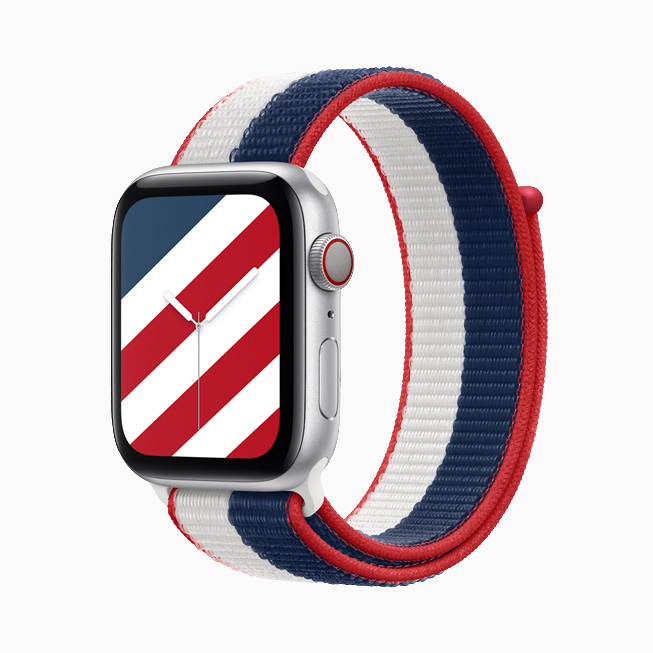 Apple Watch Series 6 with US International Collection Sport Loop and matching Stripes watch face.
