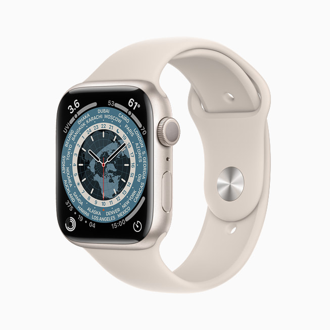 The World Time face is shown on Apple Watch Series 7.