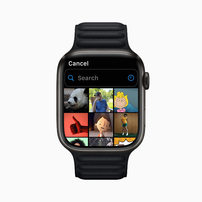 Apple Watch Series 7 shows GIF options in the Messages app.