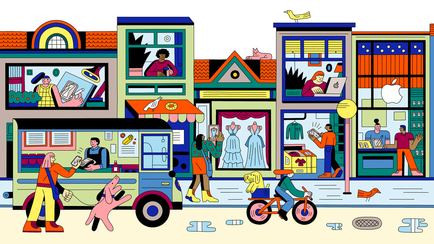 An illustration of storefronts with customers and small businesses interacting with Apple devices. 