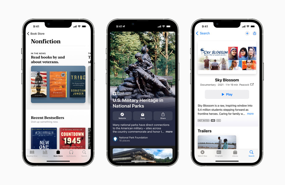 Apple Books, Apple Maps, and the Apple TV app displayed on iPhone 13 Pro.