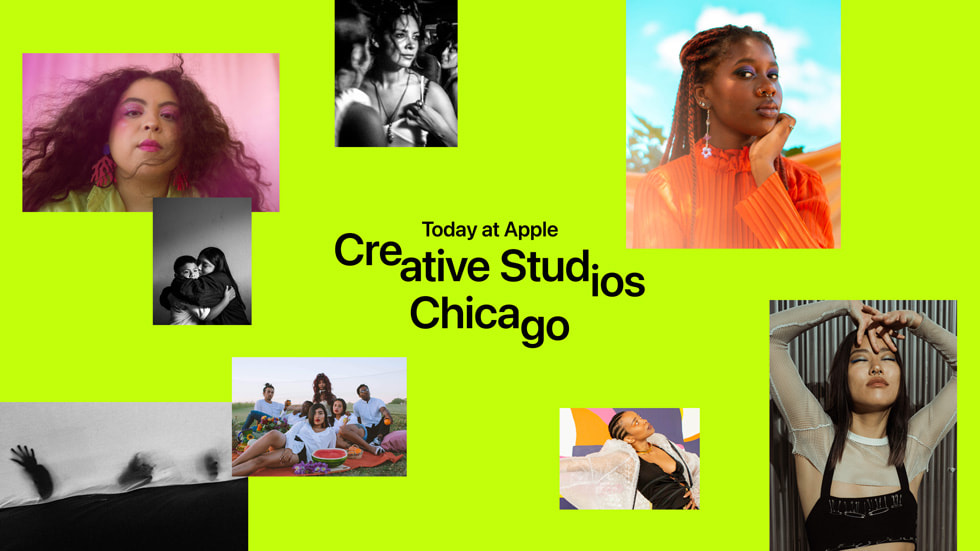 A graphic with eight artist images reads “Today at Apple Creative Studios Chicago.”