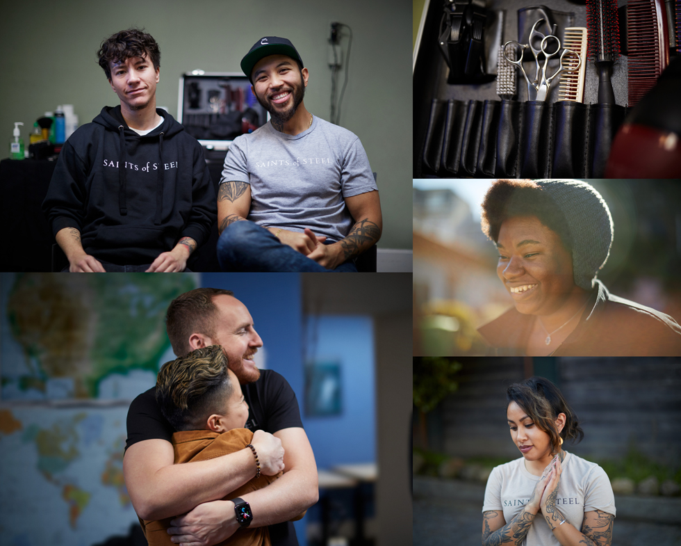 A collage of volunteers and attendees at the Saints of Steel makeover event.