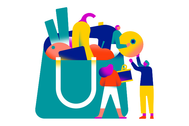 Three figures load groceries into a bag, a depiction of the service offered by food banks.