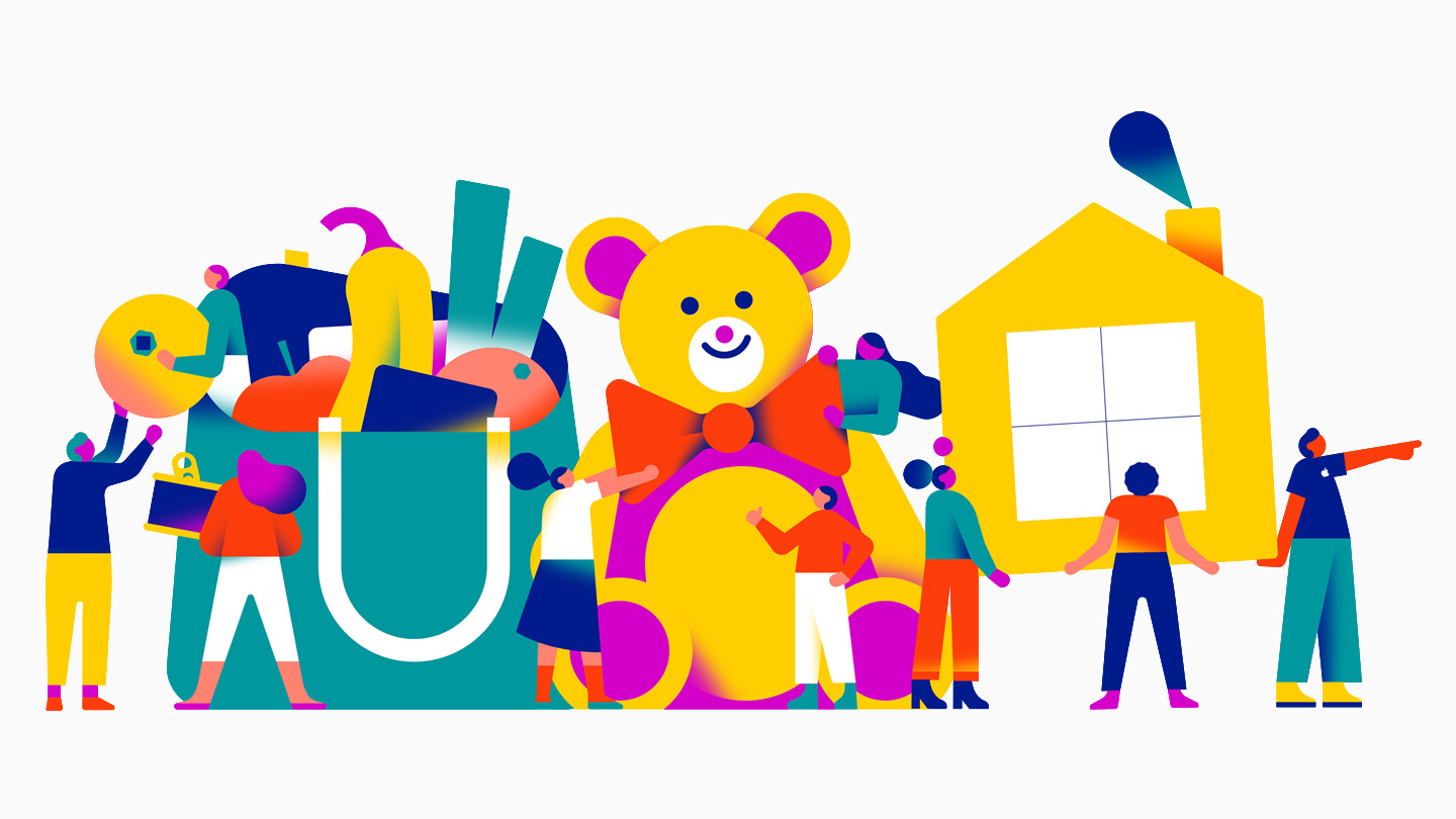 An illustration depicting various types of charitable giving, including a food and toy drive and housing assistance.